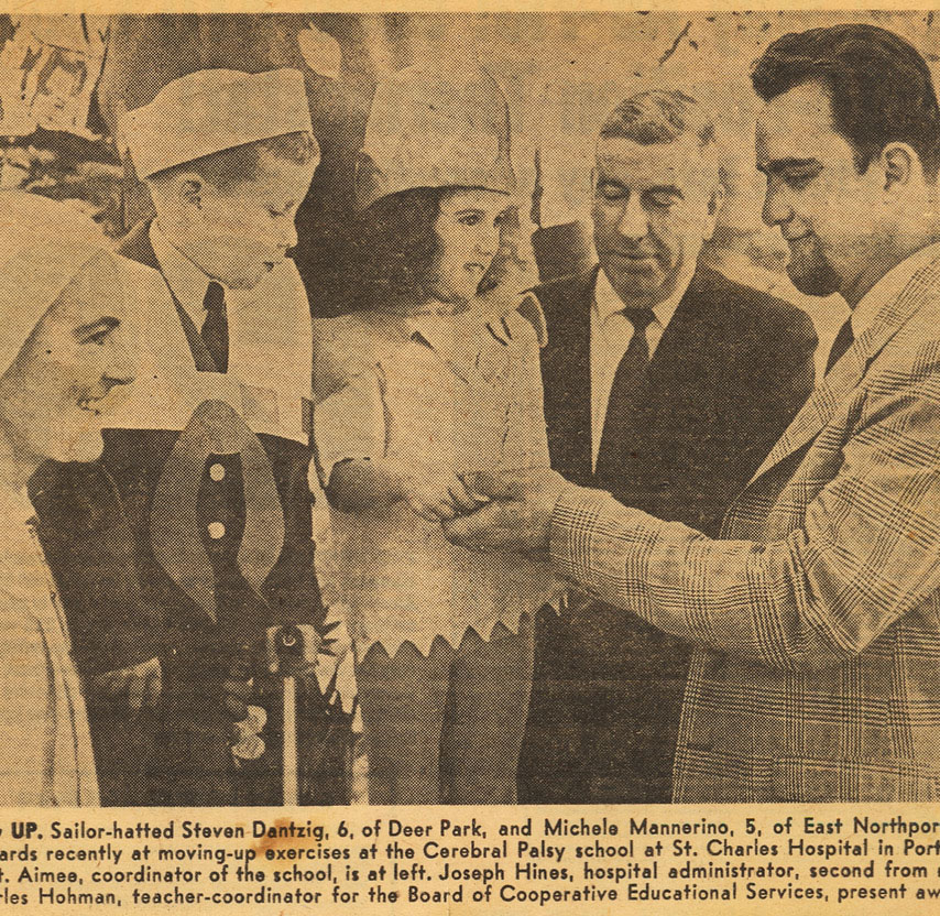 Photo from a newspaper clipping that depicts Stephen Dantzig at a Cerebral Palsy School when he was a child. 