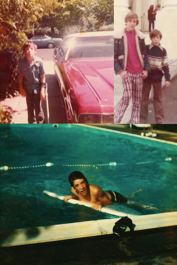 Photo collage of Stephen Dantzig when he was young. One is of him standing alongside a red car, with a friend and another he is in a swimming pool.