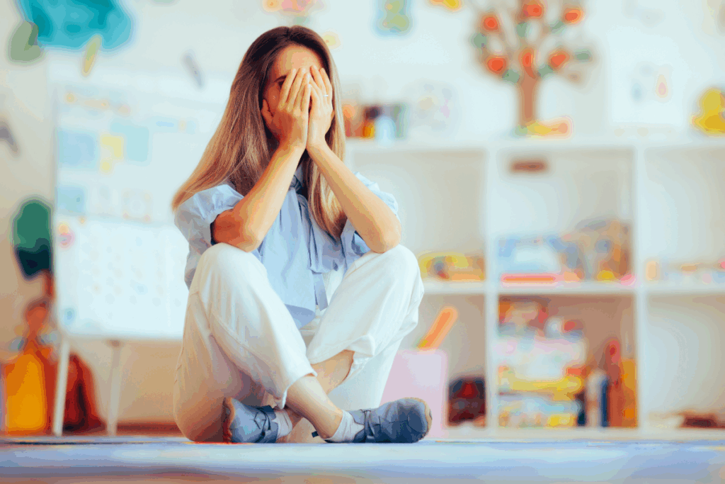 An overwhelmed mother holds her face in her hands while she sits on the floor