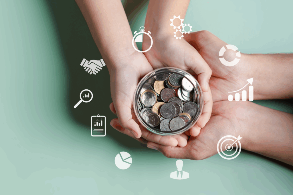 image of hands holding a container of coins with icons around it that show different fundraising functions