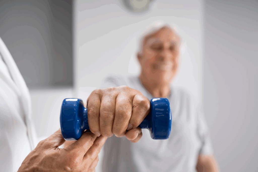 Elderly man holding a hand weight with another person helping