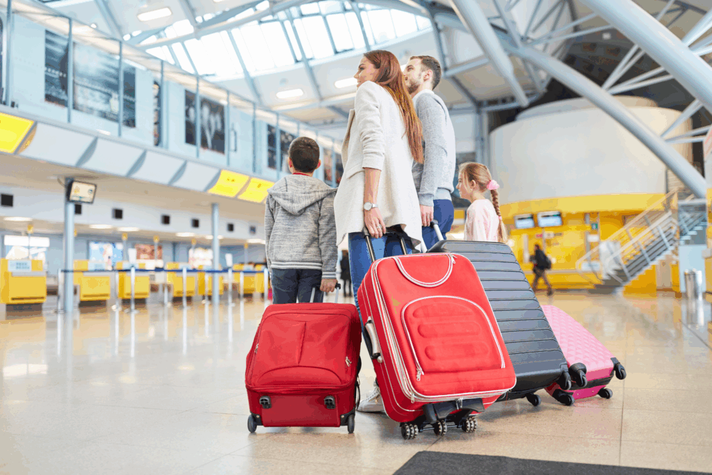 A Family of four rolling luggage through an airport