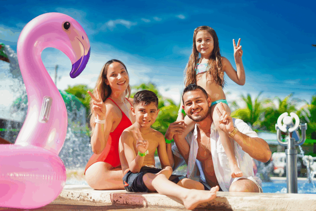 A family at a beach resort with a pool. they are in swimwear, smiling and sitting next to an inflatable flamingo