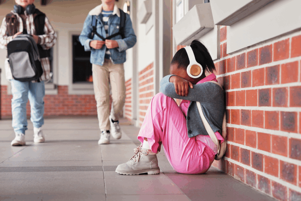 a child at school sitting down with her head in her arms, she appears sad