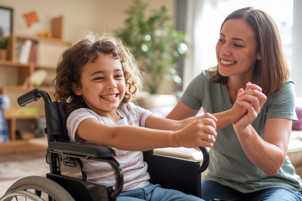 young child in a wheelchair holding hands with a woman, they are smiling
