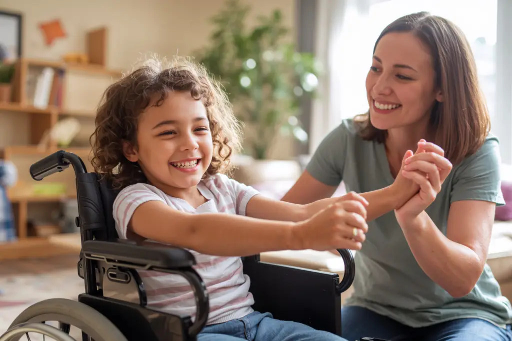 young child in a wheelchair holding hands with a woman, they are smiling