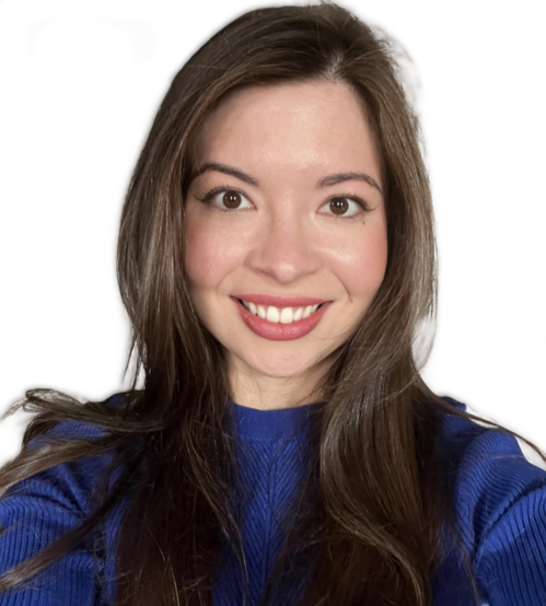 a woman with brown hair and a blue shirt
